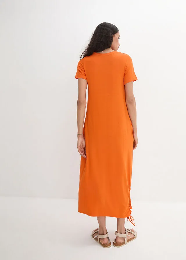 Vestido camisero midi con bolsillos laterales y detalle fruncido Naranja cálido