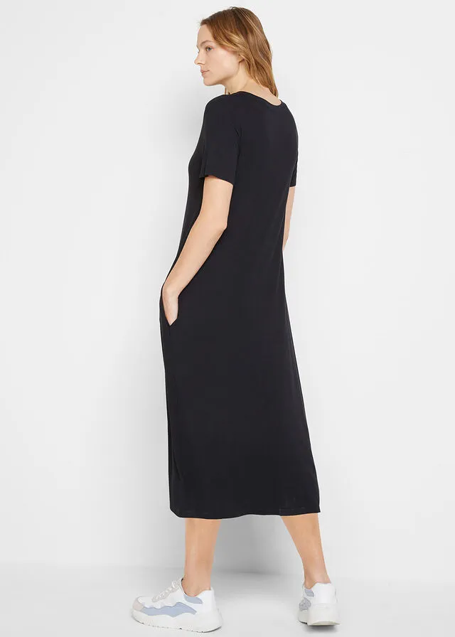 Vestido camisero midi con bolsillos laterales y detalle fruncido Negro