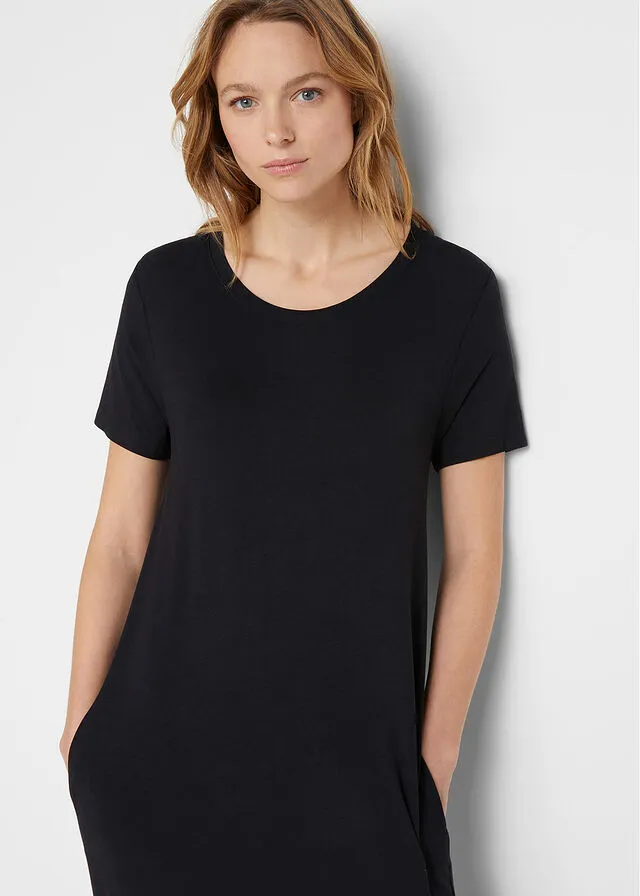 Vestido camisero midi con bolsillos laterales y detalle fruncido Negro