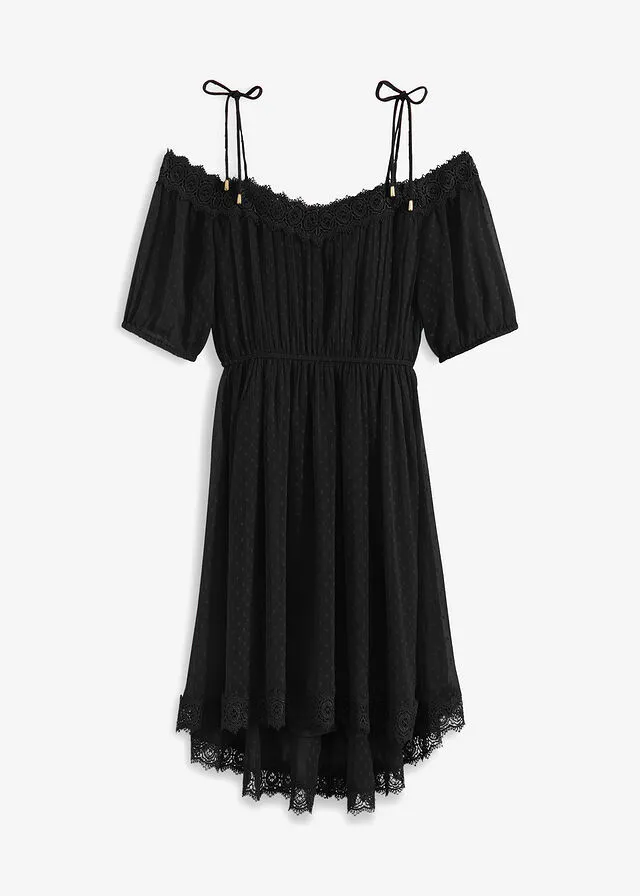Vestido con hombros descubiertos y encaje Negro