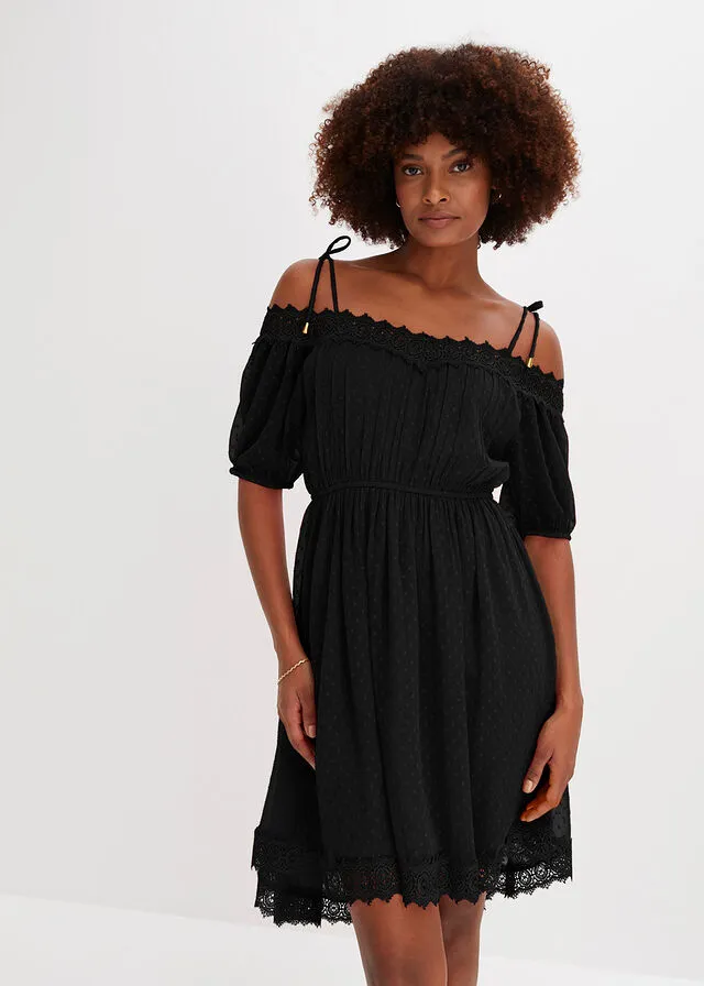 Vestido con hombros descubiertos y encaje Negro