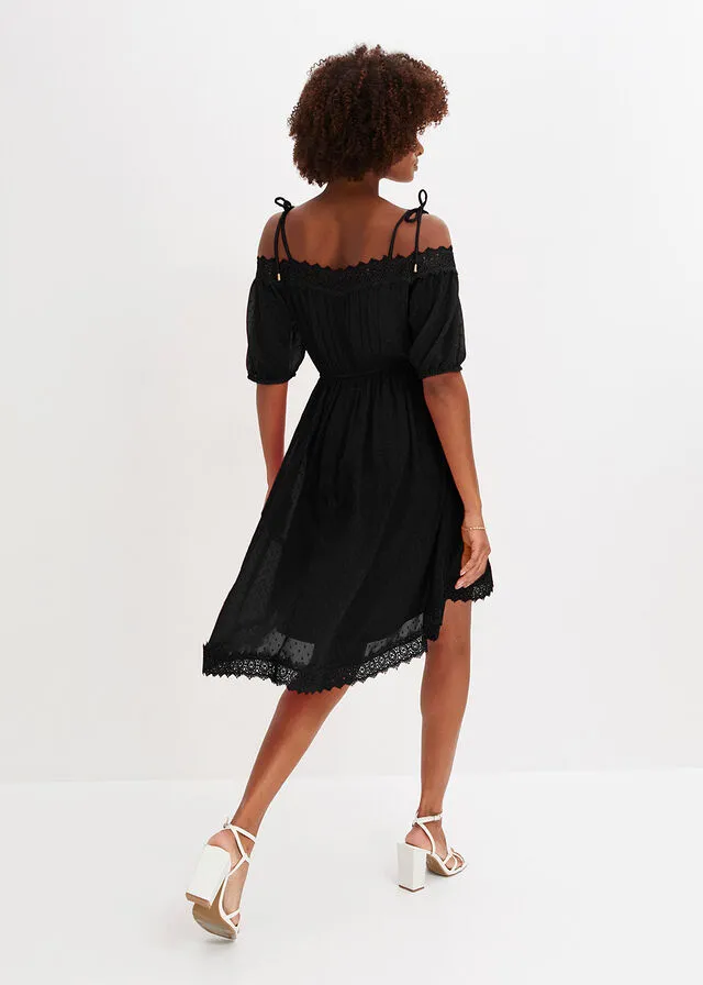 Vestido con hombros descubiertos y encaje Negro