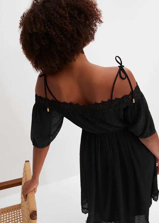 Vestido con hombros descubiertos y encaje Negro