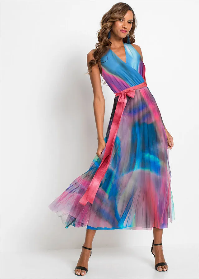 VESTIDO CRUZADO COLORIDO AZULROSA ESTAMPADO