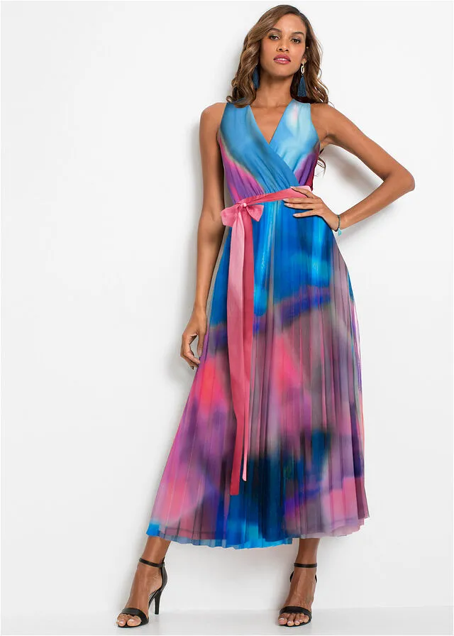 VESTIDO CRUZADO COLORIDO AZULROSA ESTAMPADO