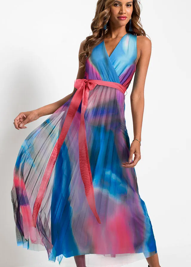 VESTIDO CRUZADO COLORIDO AZULROSA ESTAMPADO