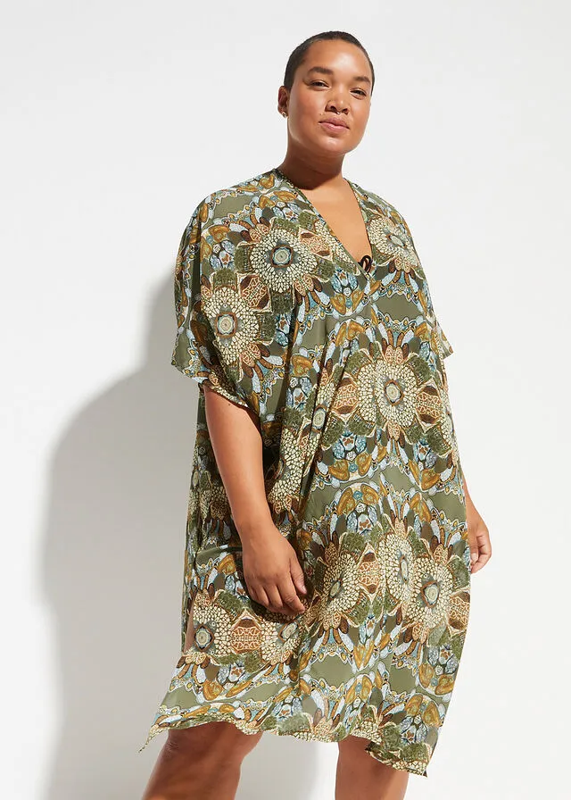 Vestido de playa tipo túnica de poliéster reciclado verde/beige con flores