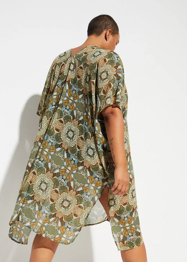 Vestido de playa tipo túnica de poliéster reciclado verde/beige con flores