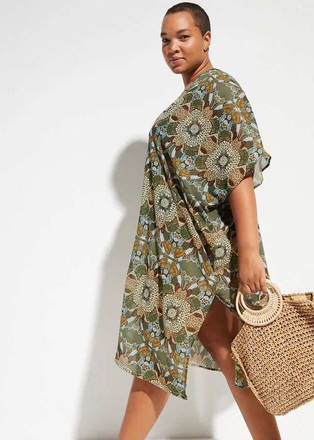 Vestido de playa tipo túnica de poliéster reciclado verde/beige con flores