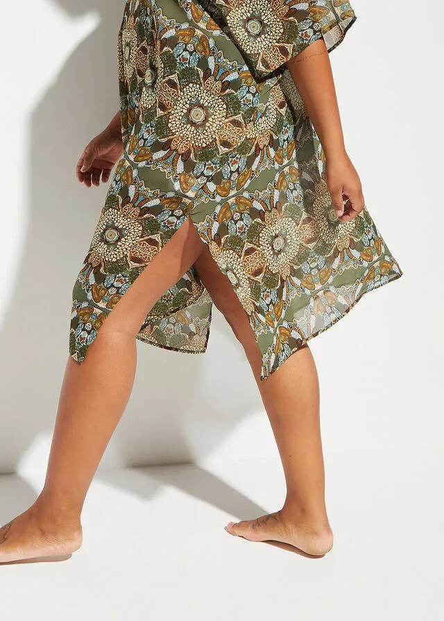 Vestido de playa tipo túnica de poliéster reciclado verde/beige con flores