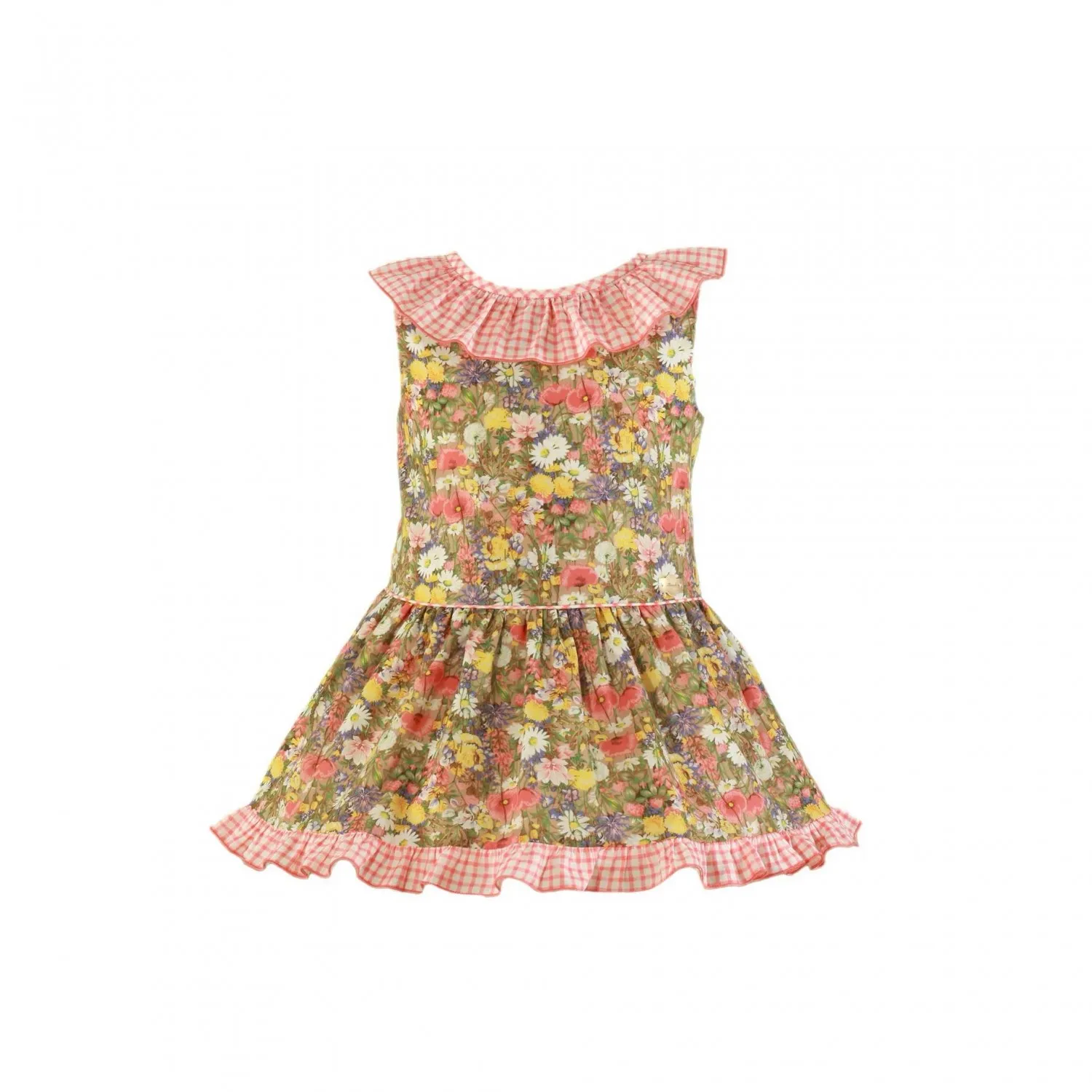 Vestido estampado jardín combinado con Vichy.,