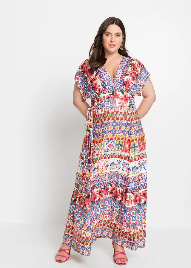 Vestido largo con cordón Rosa/azul claro estampado