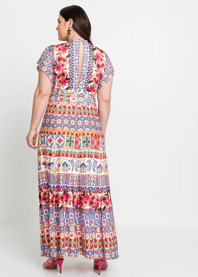 Vestido largo con cordón Rosa/azul claro estampado
