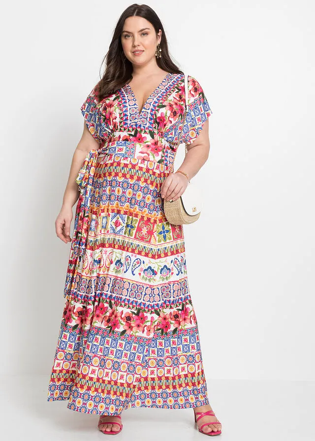 Vestido largo con cordón Rosa/azul claro estampado
