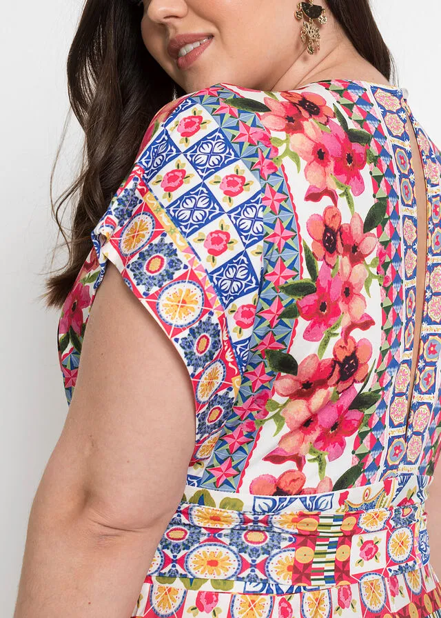Vestido largo con cordón Rosa/azul claro estampado