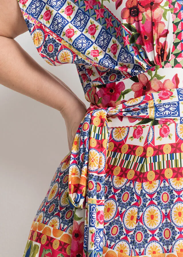 Vestido largo con cordón Rosa/azul claro estampado