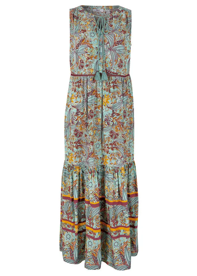 Vestido largo con estampado de cenefas verde mar