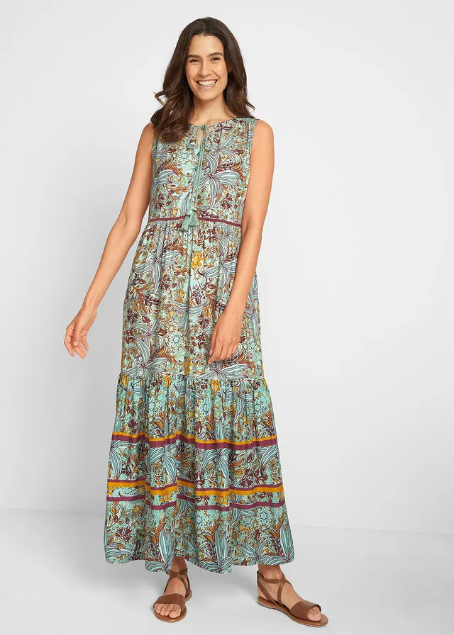Vestido largo con estampado de cenefas verde mar