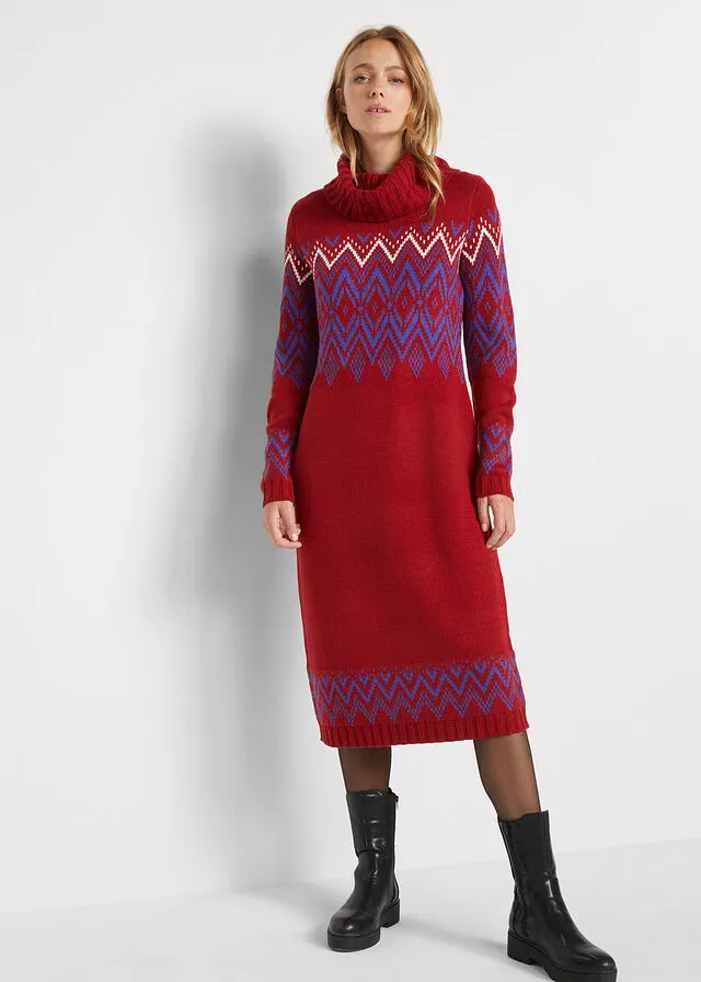 Vestido midi de punto con estampado nórdico Rojo atardecer con patrón nórdico