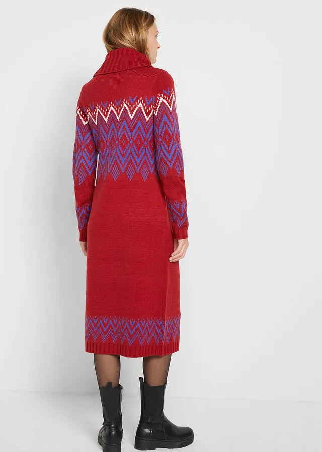 Vestido midi de punto con estampado nórdico Rojo atardecer con patrón nórdico