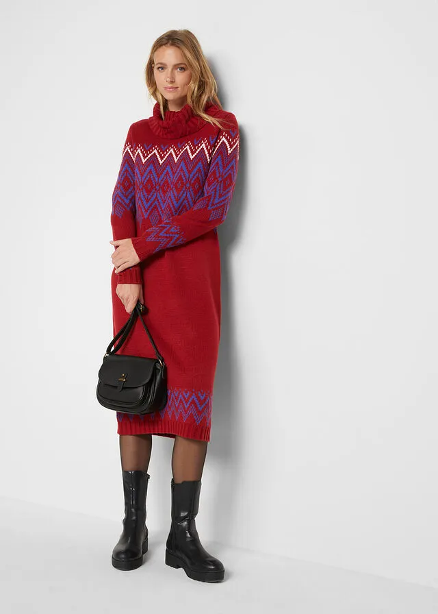 Vestido midi de punto con estampado nórdico Rojo atardecer con patrón nórdico