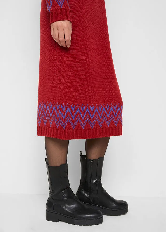 Vestido midi de punto con estampado nórdico Rojo atardecer con patrón nórdico