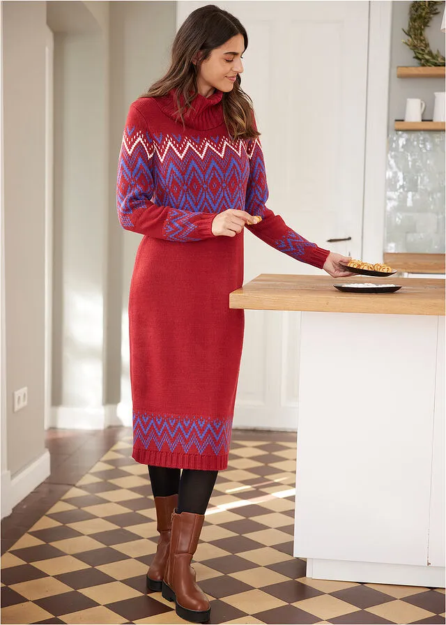 Vestido midi de punto con estampado nórdico Rojo atardecer con patrón nórdico