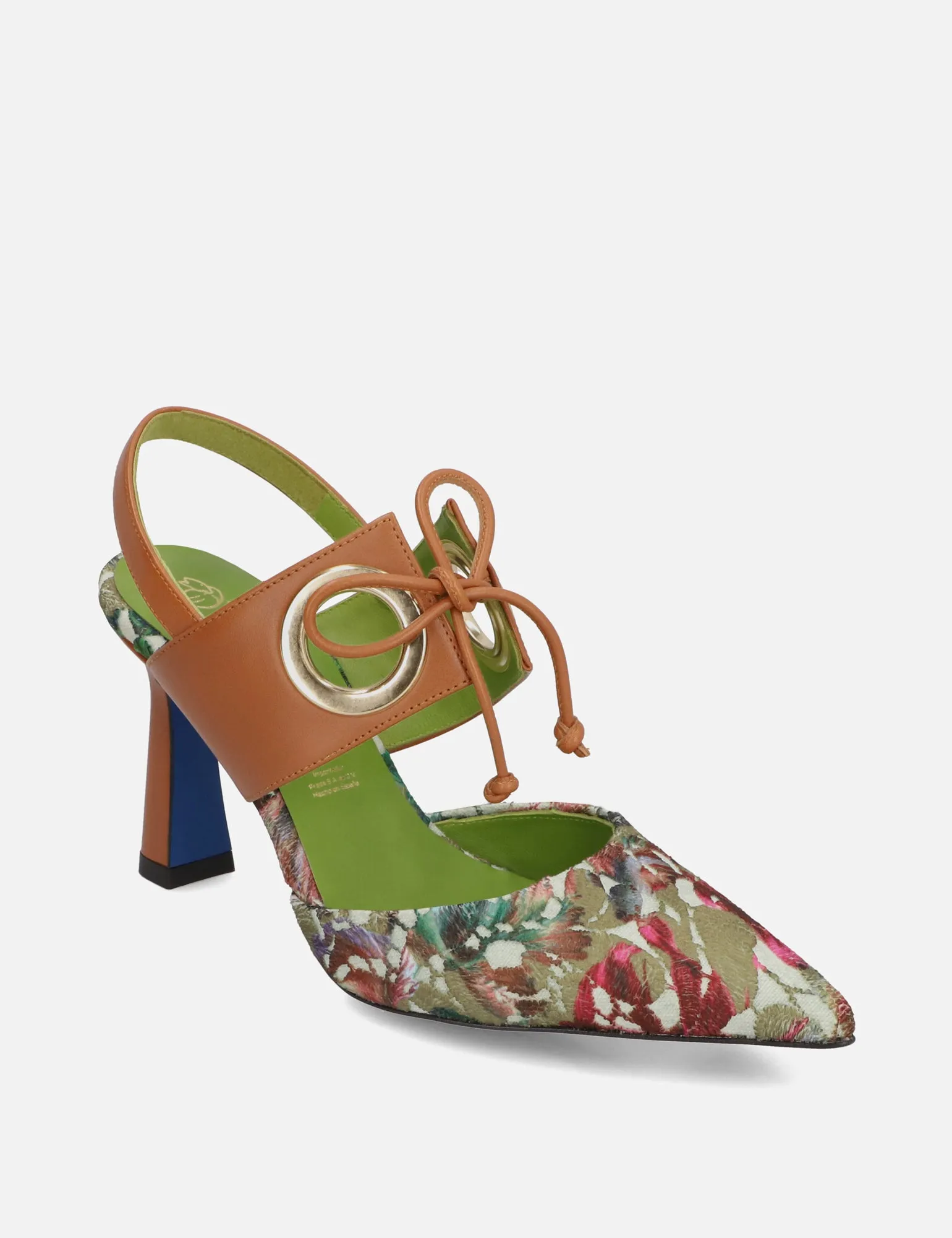 Zapatilla tacón medio en textil floral con cordón ajustable