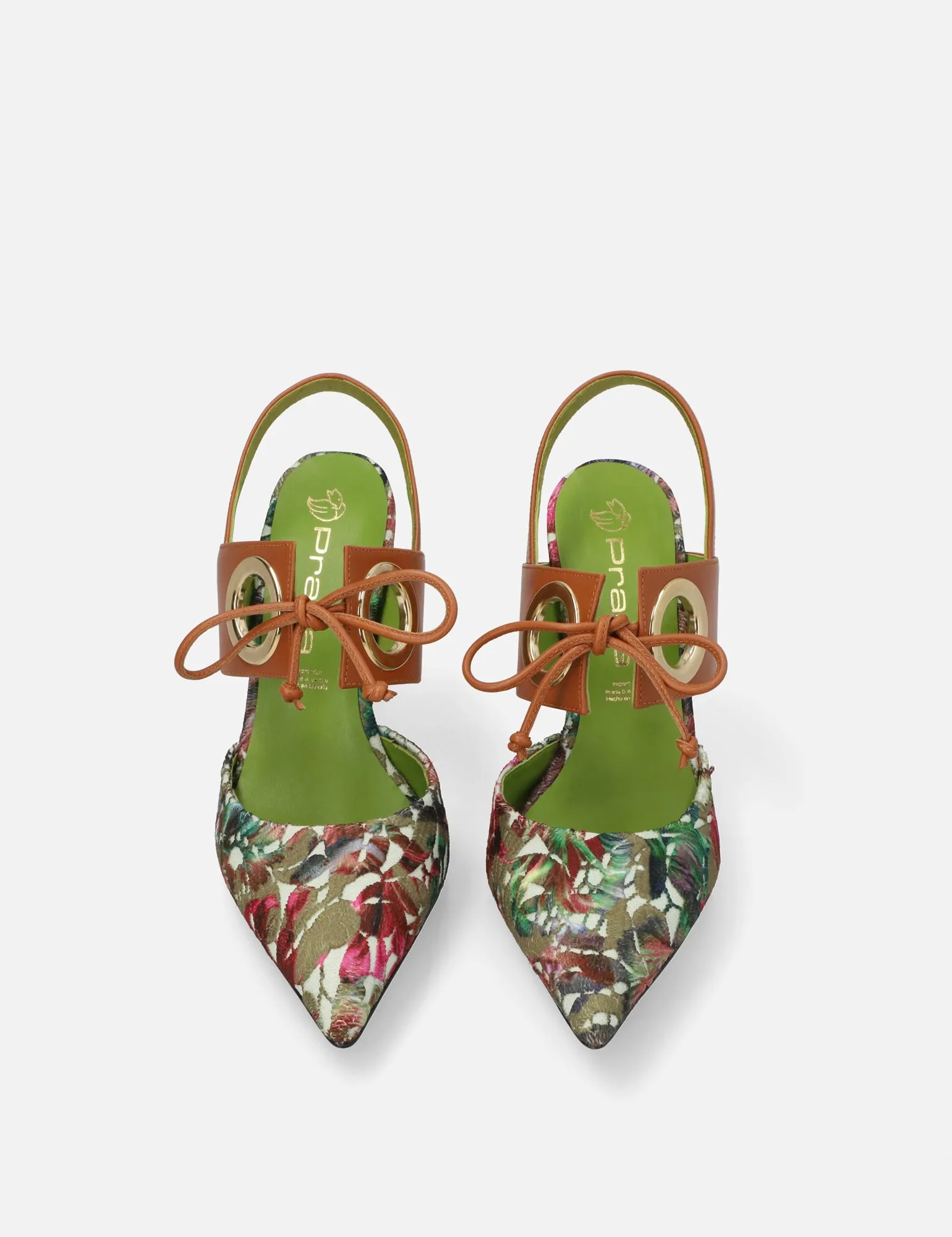 Zapatilla tacón medio en textil floral con cordón ajustable